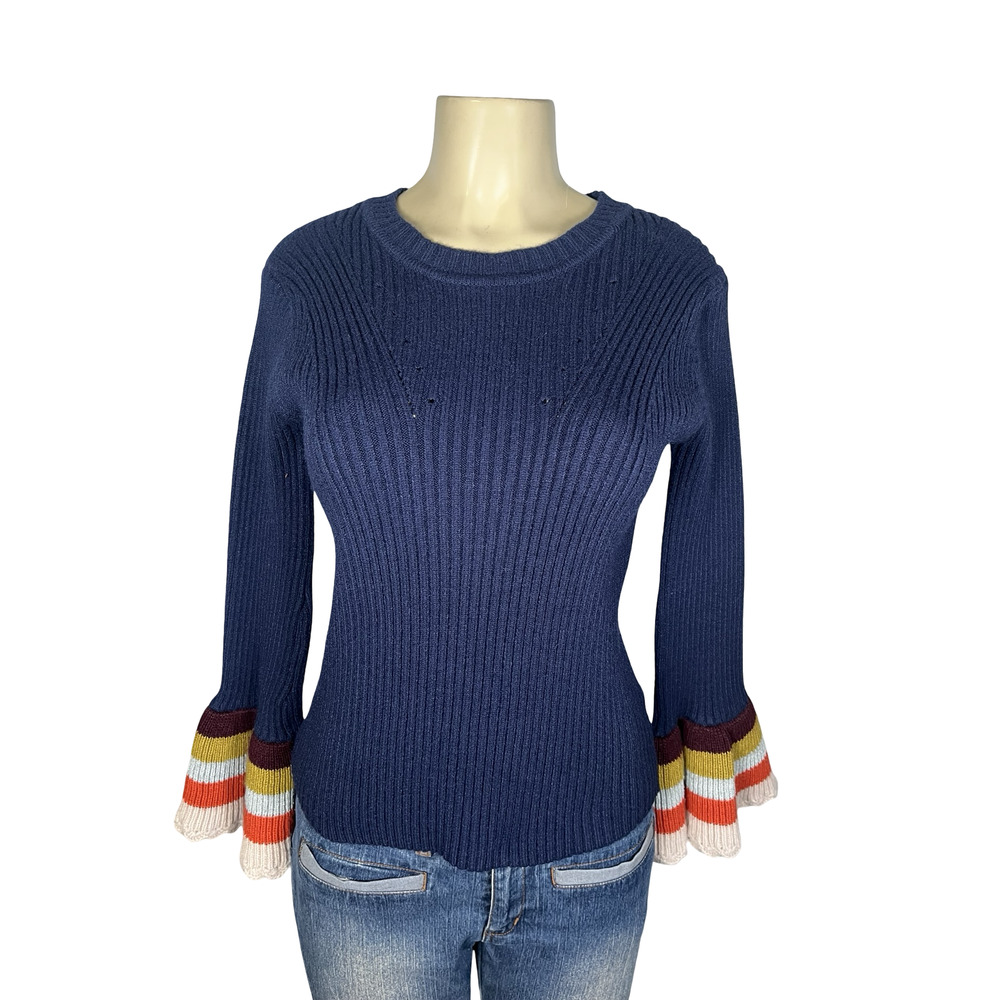 Harlyn Sweater Womens Small Blue Bell Sleeve Ribbed Knit Stripe Cuff‎ Pullover